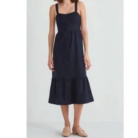 Frank and Oak Linen Blend Sweetheart Neckline Tiered Midi Dress in Navy Size S - Picture 1 of 16